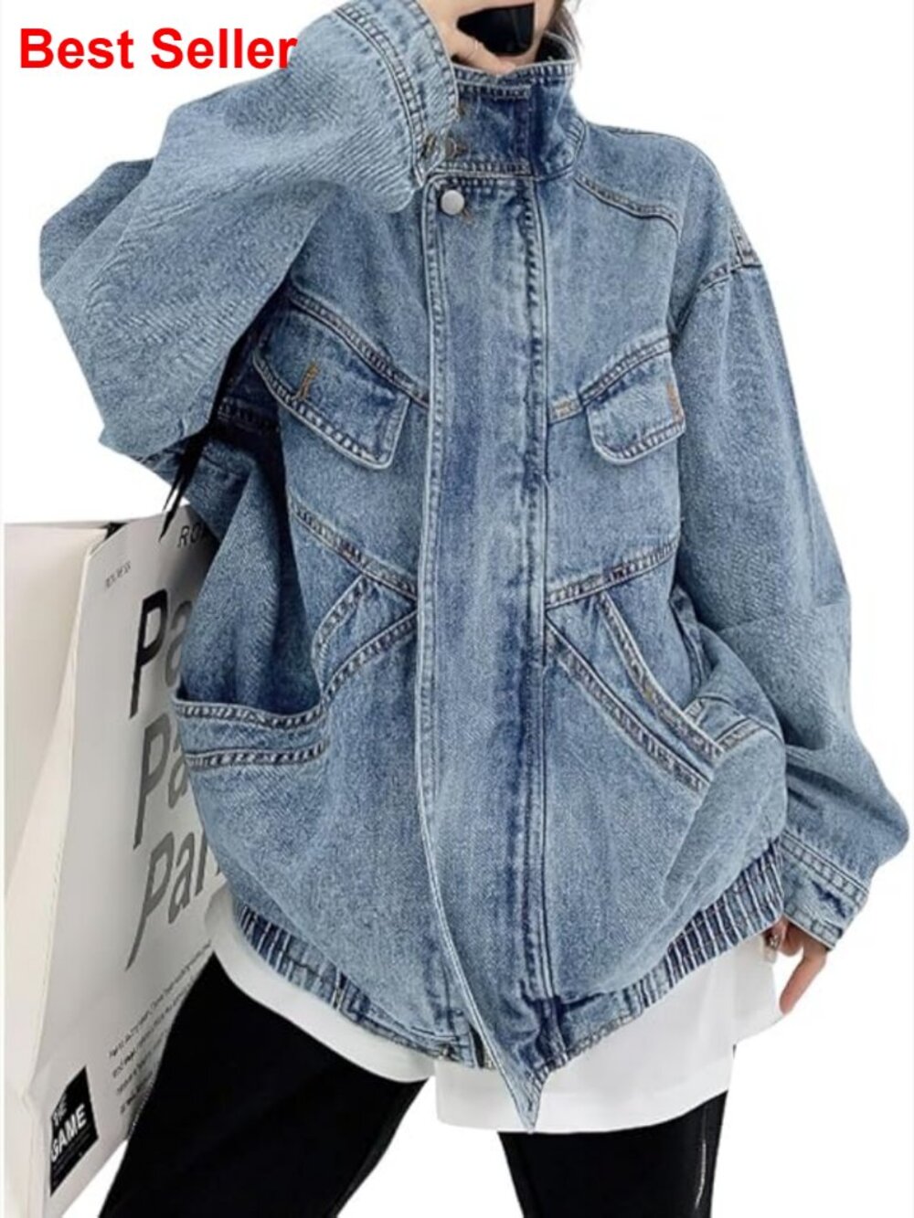 Oversized Stand Collar Shacket Jean Jacket Zip Up Distressed Frayed Denim Jacket
